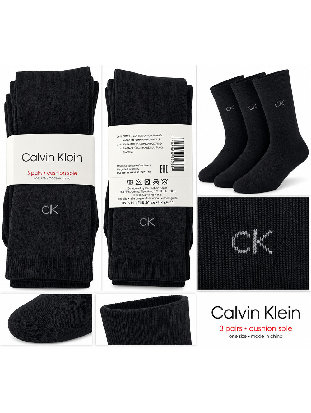 Calvin Klein Men’s Black Dress Socks 3 Pair Cushion Sole Crew One Size 7-12 NWT